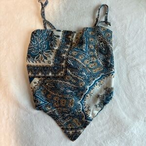 SHEIN Blue and Tan Paisley Print Top